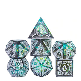 Sharp Edged 7 Piece Handcrafted Patterned Polyhedral Dice Set With Case