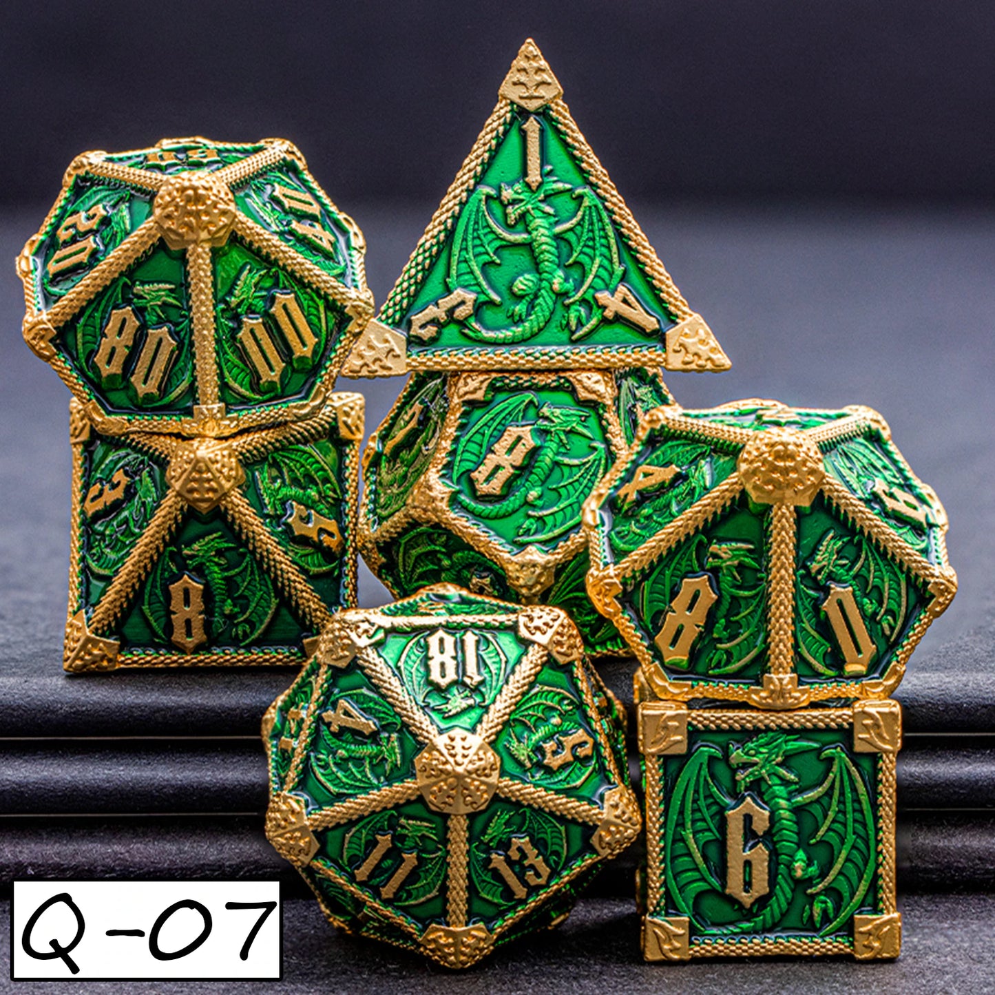 Heavy Metallic Dragon Themed Polyhedral 7 Die / Dice Set