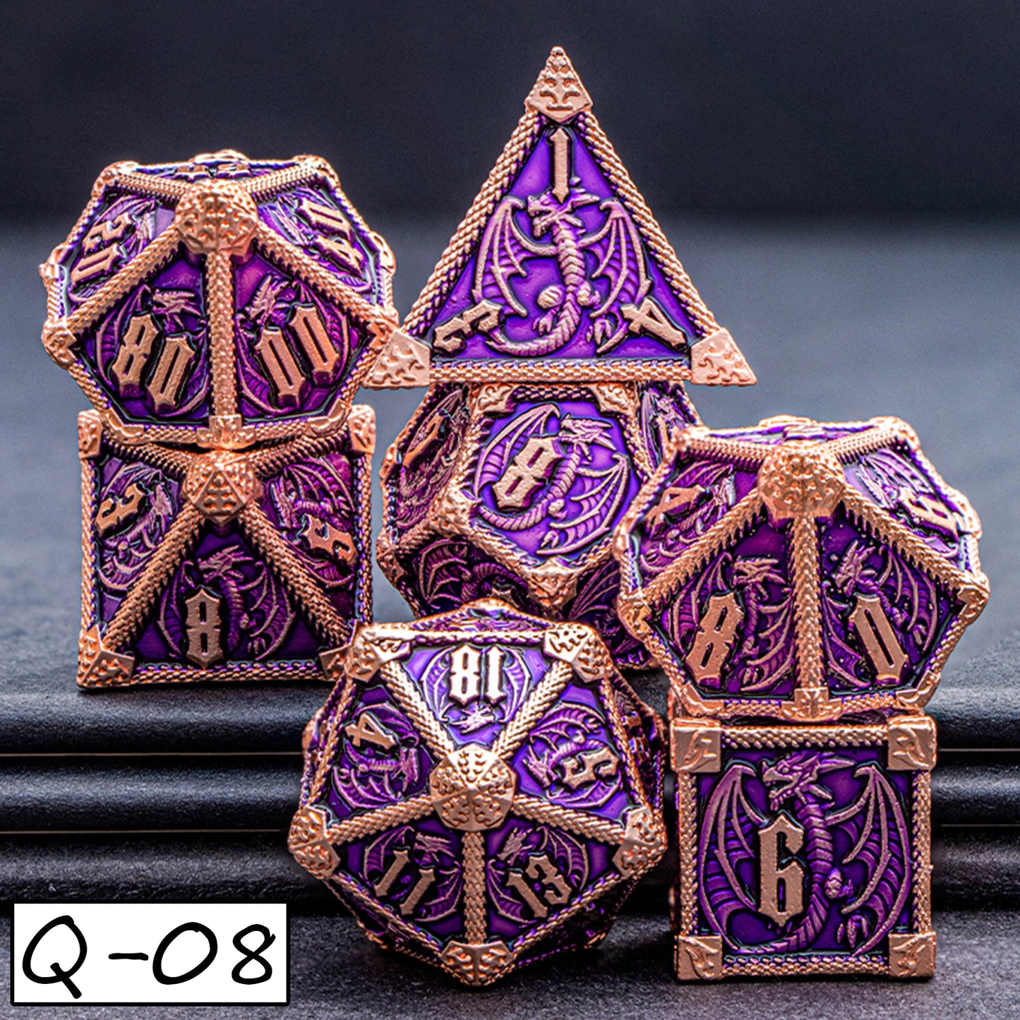 Heavy Metallic Dragon Themed Polyhedral 7 Die / Dice Set