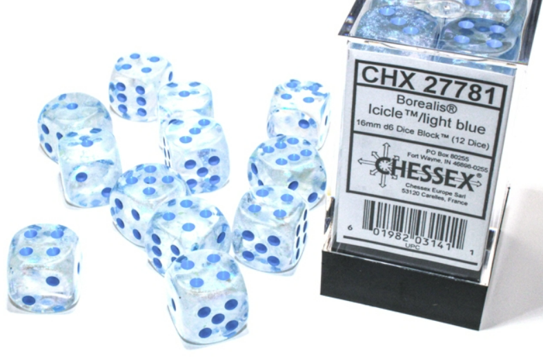 chessex D6 borealis dice set icicle light blue