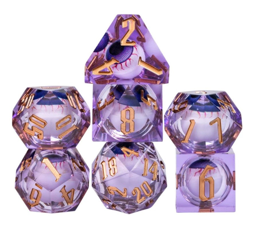 7 Piece Handcrafted Sharp Edged Dice Set With Liquid Core Eyeball