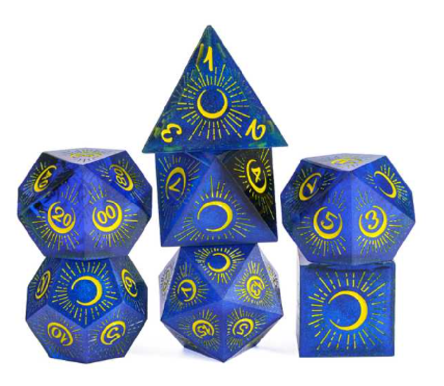 Sharp Edged Eclipse Themed Hand Crafted 7 Piece Dice Set