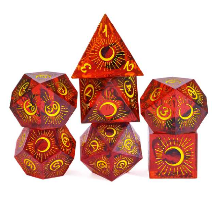 Sharp Edged Eclipse Themed Hand Crafted 7 Piece Dice Set