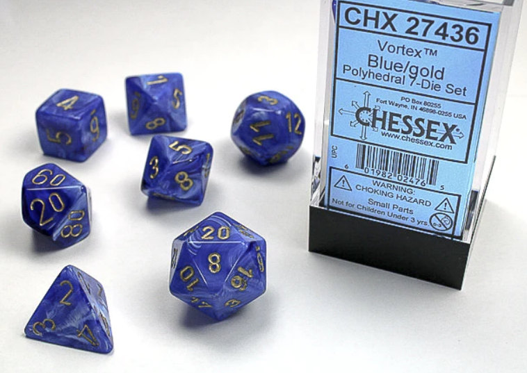 chessex polyhedral vortex dice set blue gold