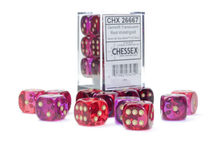 chessex d6 gemini dice set 16mm red violet gold