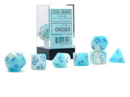 chessex polyhedral gemini dice set pearl turquoise-white blue