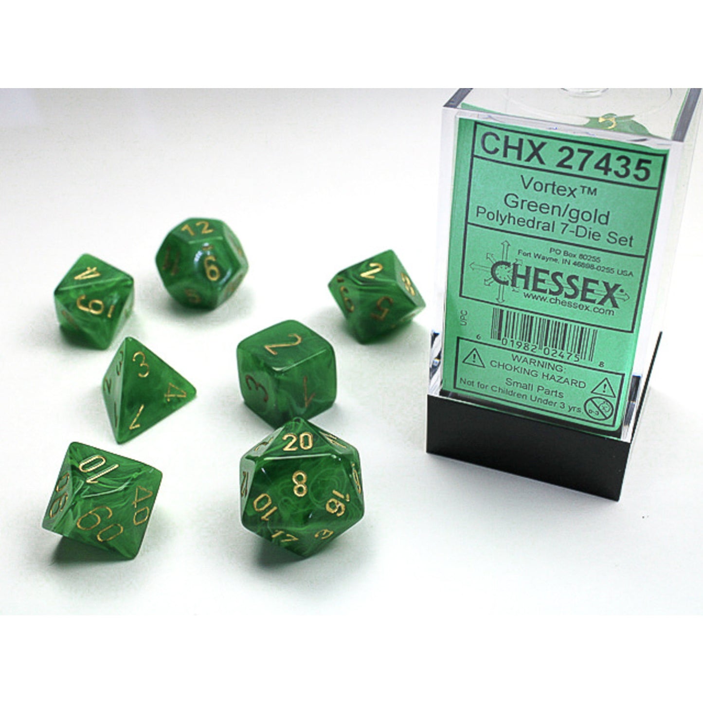 chessex polyhedral vortex dice set green gold