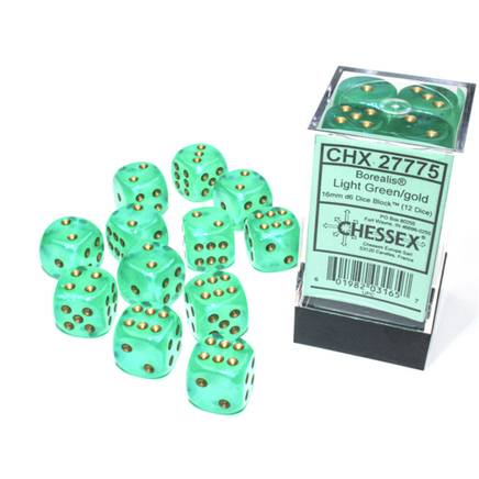 chessex D6 borealis dice set light green gold