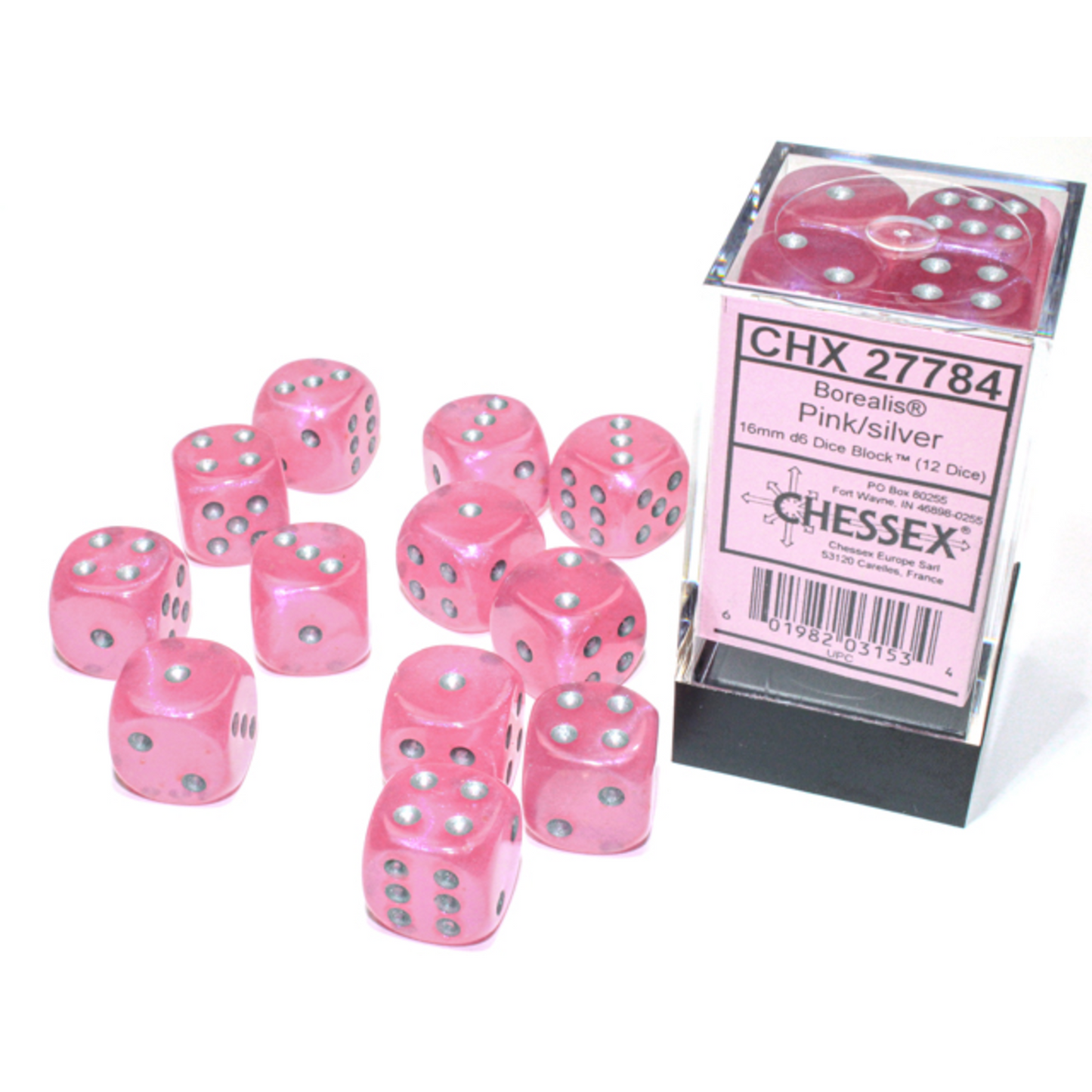 chessex D6 borealis dice set pink silver