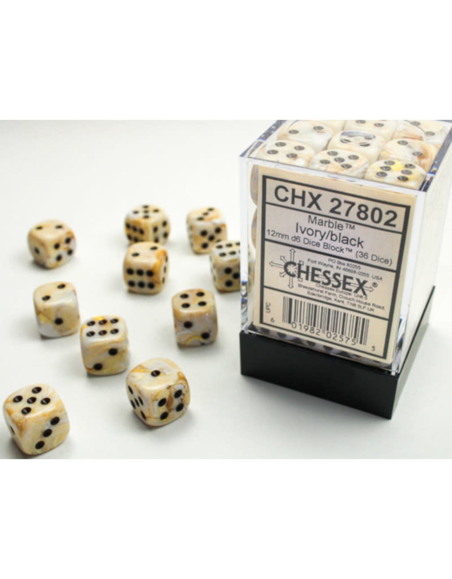 chessex d6 marble dice set 12mm ivory black