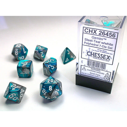 chessex polyhedral gemini dice set steel-teal white