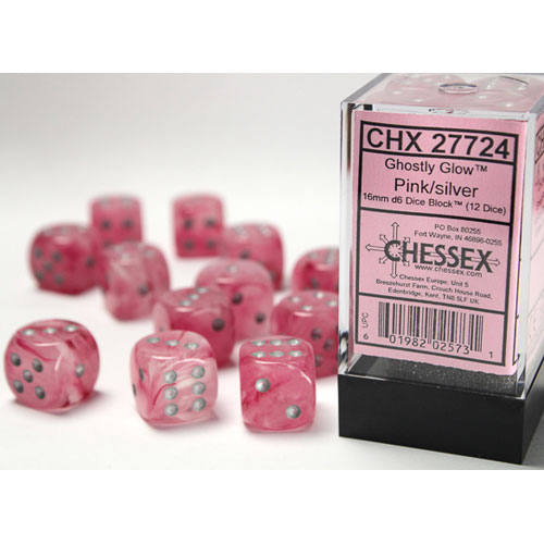 chessex D6 ghostly glow dice set 16mm pink silverChessex: D6 Ghostly Glow DICE SET - 16MM pink silver