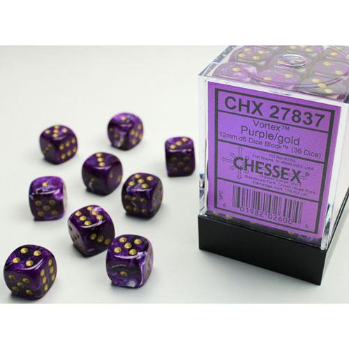 chessex d6 vortex dice set 12mm purple gold
