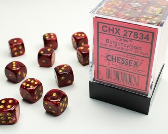 chessex d6 vortex dice set 12mm burgundy gold