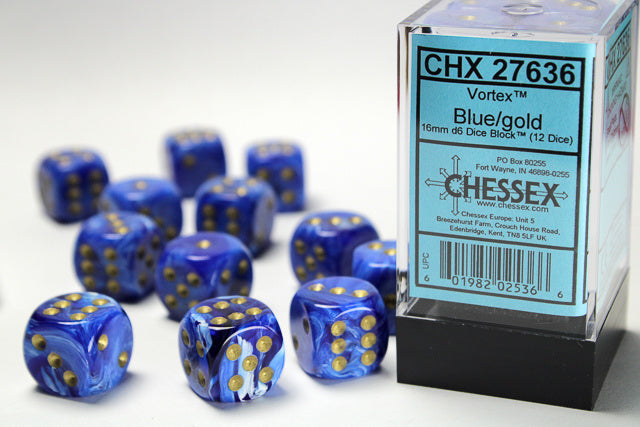 chessex D6 vortex dice set 16mm blue gold