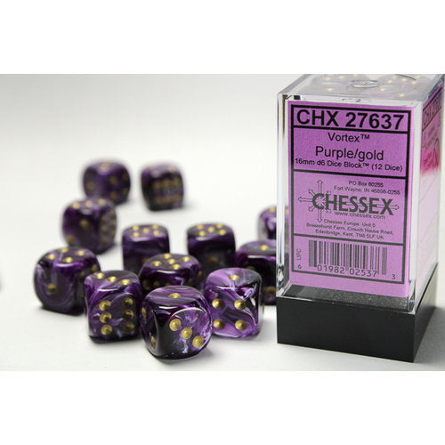 chessex D6 vortex dice set 16mm purple gold