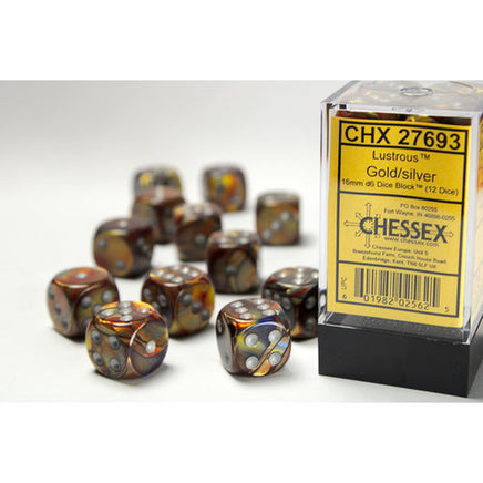 chessex D6 lustrous dice set 16mm gold silver