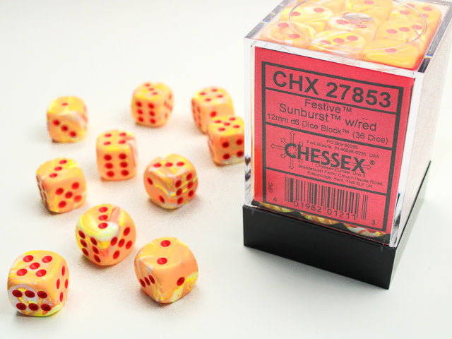 chessex D6 festive dice set 12mm sunburst red