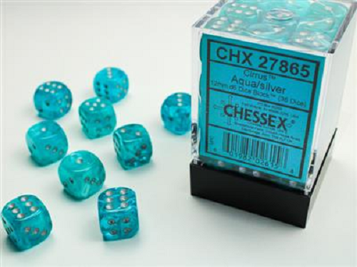 chessex D6 cirrus dice set 12mm aqua silver